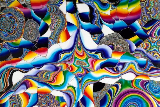 Vibrante mosaico d'arte astratta con motivi millefiori psichedelici e disegni vorticosi