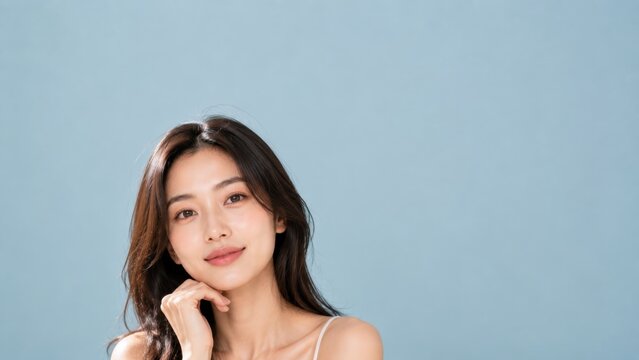 Natural beauty portrait of young adult woman with healthy glowing skin resting chin on hand against soft blue background, skincare, wellness, confidence and self care concept