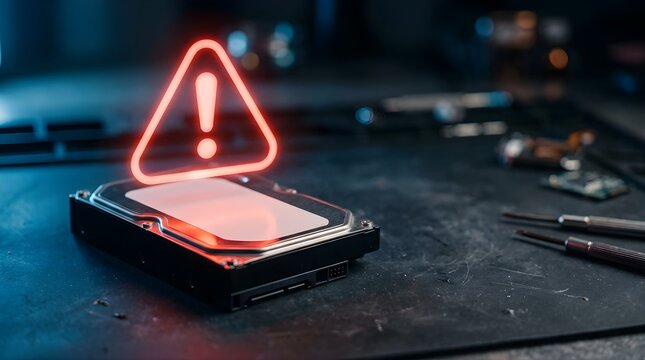 Neon warning sign above a damaged hard drive in a computer repair lab
