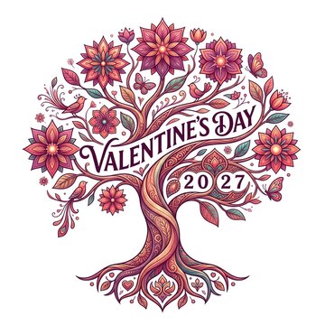 Valentine's Day tree with floral ornaments and birds during springtime vector illustration
