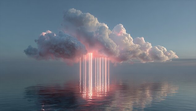 Surreal digital art depicts a floating cloud with vertical light beams descending into a calm ocean, reflecting the sunset hues
