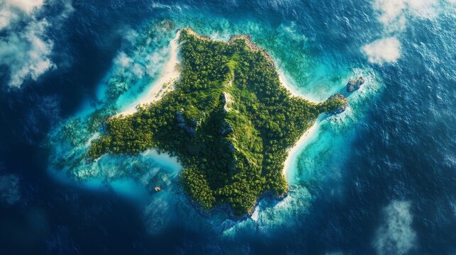 Aerial view of small tropical island surrounded by turquoise ocean coral reef and white waves showing paradise travel destination remote nature summer vacation coastline and exotic adventure landscape