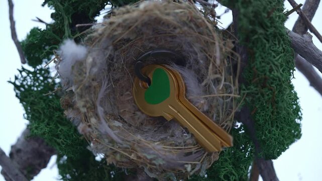 Person's hand places a set of golden keys with a green heart into a cozy bird's nest