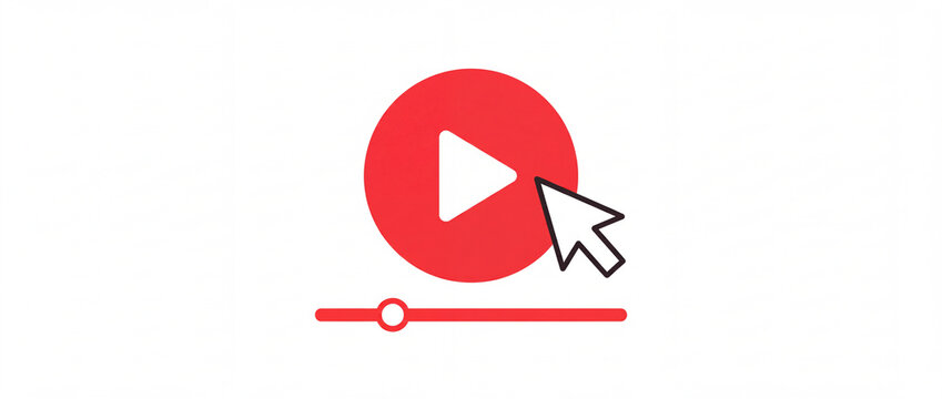 Play button icon with mouse cursor and video timeline bar in flat minimalist style, featured in red and white colors for streaming services, UI design, media player, and digital web interface