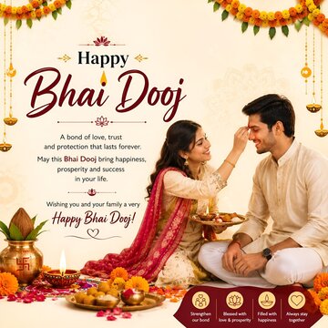 Traditional bhai dooj festival celebration with sister applying tilak on brother forehead, elegant indian ethnic clothing, festive background