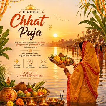 Devotee offering prayer to sun during chhat puja festival standing in holy river at sunset with festival tradition offering celebration spiritual