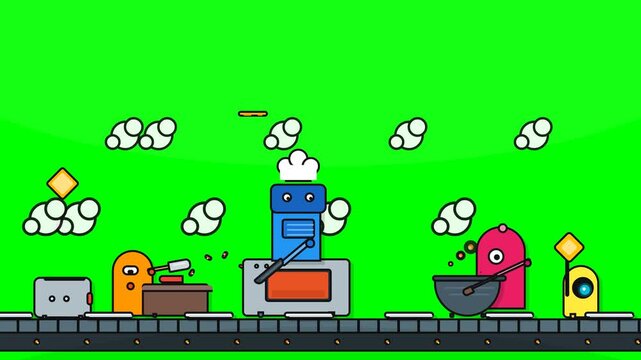 Cartoon Kitchen Factory Machines Cooking Breakfast on Conveyor Belt with Green Screen