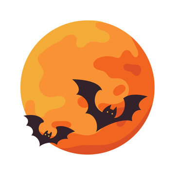 Vibrant Halloween full moon with two silhouetted bats flying across the sky, perfect for spooky holiday season graphics.
