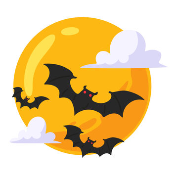 Dynamic illustration of spooky bats flying across a vibrant orange full moon with ethereal clouds.