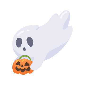Cute cartoon ghost character floats with a festive jack o' lantern candy bucket for Halloween fun