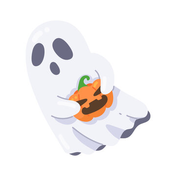 Adorable white ghost embraces a cheerful pumpkin, spreading festive Halloween joy and charm