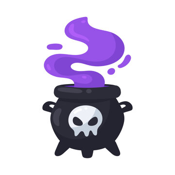 Enchanting black magic cauldron bubbling with vibrant purple smoke and a white skull illustration
