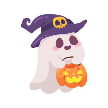 Adorable little ghost wearing a witch hat with skull detail and holding a pumpkin candy bucket for Halloween