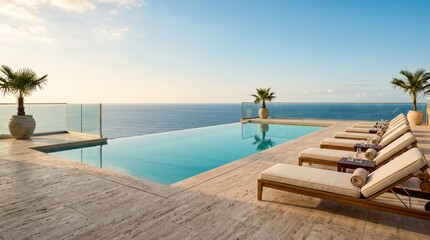 Fototapeta premium Luxury infinity pool terrace overlooking the ocean. Tropical resort deck with lounge chairs.