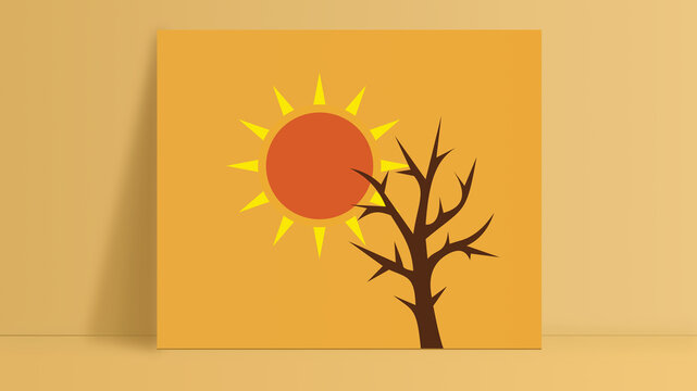 Bright sun and bare tree viewed against a simple colored background in an artistic design style