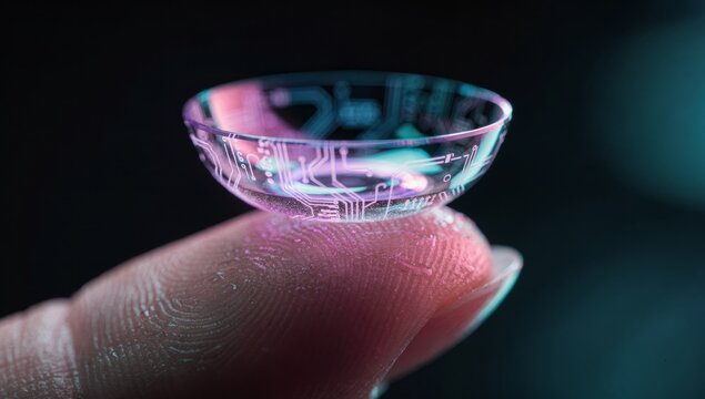 Ultra detailed macro view of clear contact lens placed on human fingertip glowing with soft reflections against blurred vibrant background precision optics hygiene healthcare vision correction concept