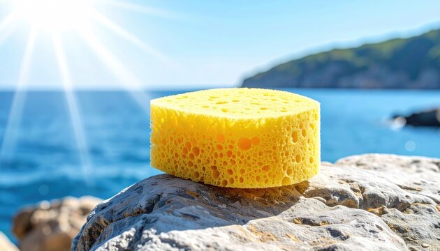 A bright yellow sponge sits on a textured rock, ocean view in background under the shining sun with green vegetation