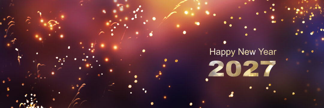golden happy new year 2027 text isolated on abstract fireworks background banner with cheerful colors and copy space, new years eve greeting card