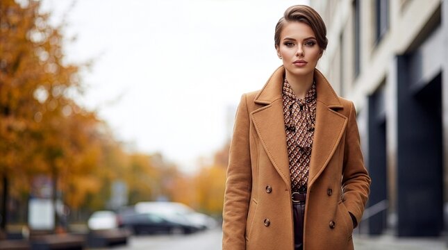 Sophisticated businesswoman in elegant camel coat and printed silk blouse standing on city street, autumn corporate fashion concept 