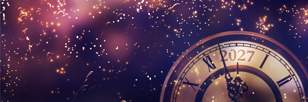 happy new year 2027 countdown clock on abstract glittering midnight sky with copy space, festive party invitation card concept for new years eve