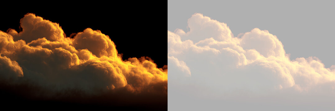 Panoramic dramatic sunset cloud isolated on transparent background. Volumetric golden clouds cutout element for visual effects