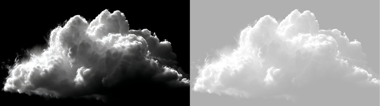 Bright white cloud overlay isolated on black and transparent background. Volumetric cumulus cloud asset for photo editing and compositing