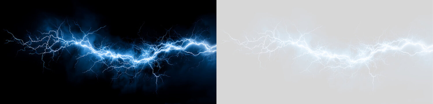 Glowing blue lightning discharge arc visual effect. Electric plasma bolt overlay on black and transparent background. High voltage thunderbolt energy texture