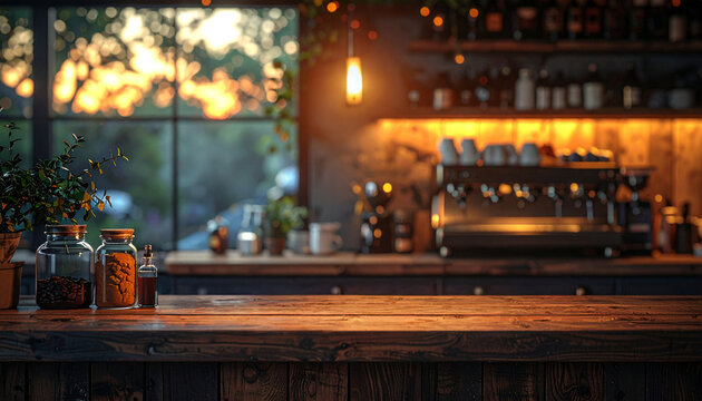 Cinematic moody lighting in an artisan coffee shop counter