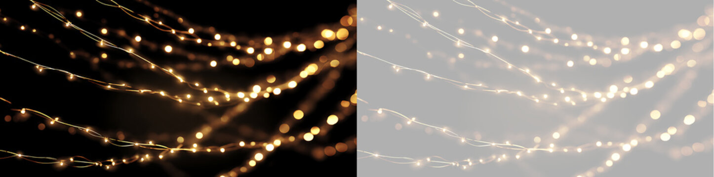 Draped golden fairy lights garland on transparent and black background overlay. Glowing holiday light string bokeh effect