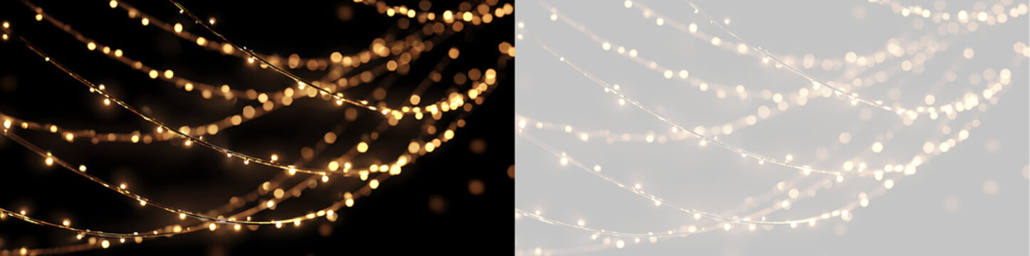 Golden garland string lights bokeh overlay on black and transparent background. Festive glowing lights string background