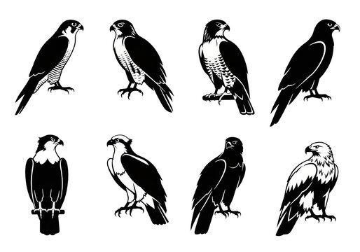 Eight detailed, black vector silhouettes of peregrine falcon, eagle, hawk, and osprey raptors in a grid on a transparent background. concept for professional graphic design assets