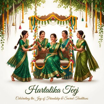 Happy hartalika teej celebration with women in green sarees on floral swing with tradition