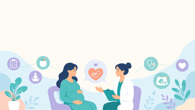 Pregnant woman sits with doctor in calm, gentle conversation. Both appear relaxed, trusting, and attentive during consultation. Floating icons suggest wellness, nutrition