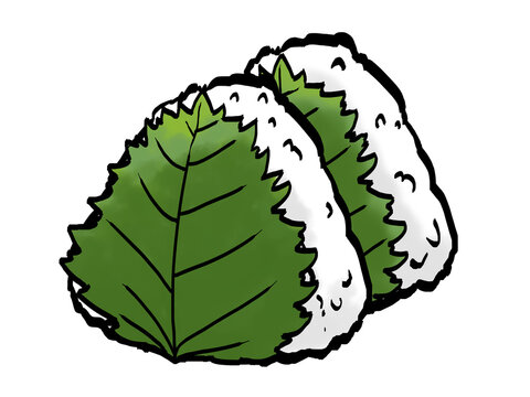 大葉のおにぎりのイラスト （青じそ・筆タッチ） シンプル / Japanese Rice Ball with Green Shiso Leaf Brush Illustration