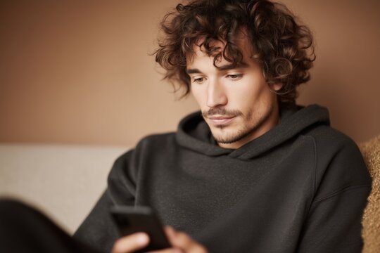 Young man with curly hair in dark hoodie looking intently at smartphone screen indoors. He appears focused, engaged with device, possibly texting, browsing, or connecting online