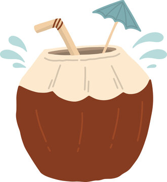 Cute fresh coconut drink vector illustration, hand drawn tropical coconut water cocktail with drinking straw, paper umbrella, and water splashes isolated