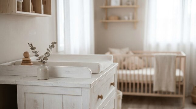 Scandinavian Decor: White rustic baby table styled in nursery 