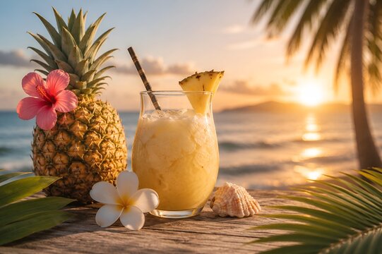 Tropical pineapple cocktail with fresh fruit on a beach at golden sunset