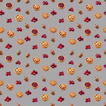 Seamless autumn pattern with cranberry pies and acorns on gray.