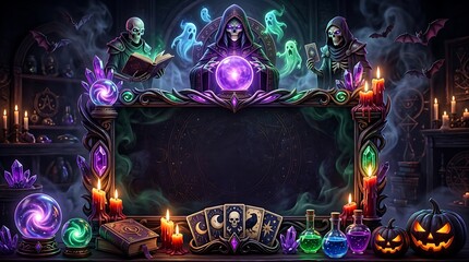 Fototapeta premium Mystic Fortune Teller Event Frame Featuring Spooky Spirits and Magical Artifacts