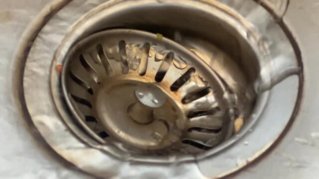Close-up of a stainless steel kitchen sink drain
