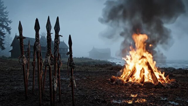 Campfire Burning at Night with Spears and Foggy Village Background
