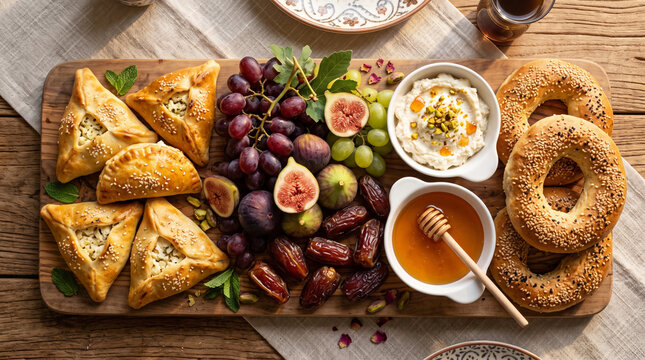 Turkish breakfast items, including savory cheese pastries similar to b&ouml;rek.It includes fresh fruits like figs and grapes, alongside dates and simit (sesame-covered bread rings).