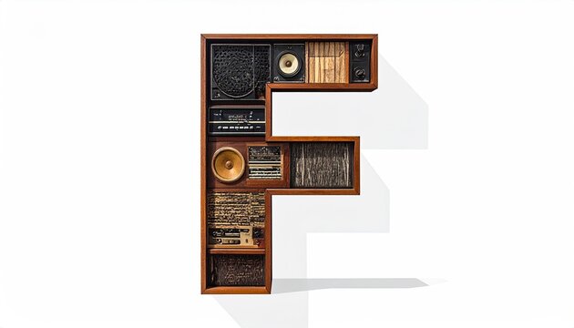 Vintage Wood Speaker Cabinet Letter F with Retro Audio Gear
