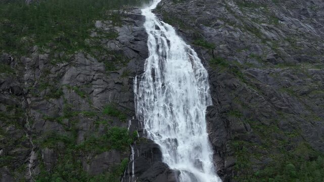 Drone shot of Langfossen, a massive waterfall in southern Norway