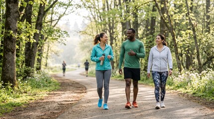 Obraz premium Active Lifestyle Featuring a Refreshing Morning Walk Along Tree Lined Path Promoting Wellness Mindfulness and Everyday Healthy Living Habits