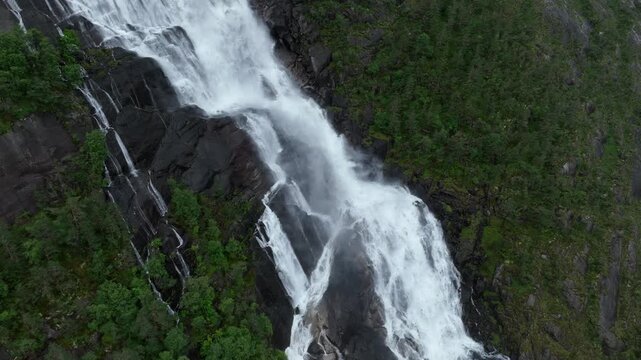 Drone shot of Langfossen, a massive waterfall in southern Norway