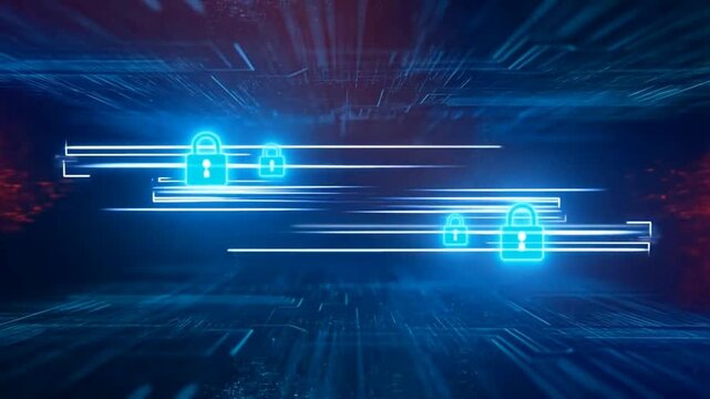 Glowing digital padlocks slide across bright blue light lines within a futuristic, dark tech corridor, symbolizing cybersecurity.