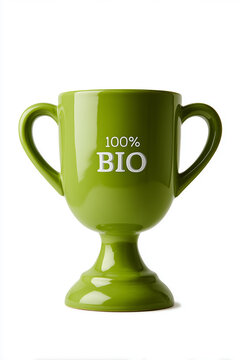 A glossy green eco trophy cup with bio text for organic lifestyle concept