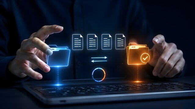 Concept of data migration and synchronization with glowing digital folders and files exchanging information over a laptop keyboard.